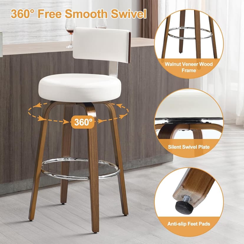 Bekrvio Swivel Counter Height Bar Stools Set of 3, Faux Leather Kitchen Stools Upholstered Barstools with Back, Walnut Wood Legs, Mid Century Island Chairs Counter Stools, 26" Seat Height, White