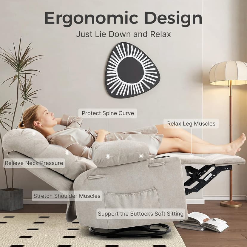 Quiet Massage Recliner Chair with Heat, 360 Swivel Rocker Glider for Nursing, Back Pain Relief, Manual Overstuffed Single Sofa with Cup Holders & Side Pockets, Oatmeal Gray