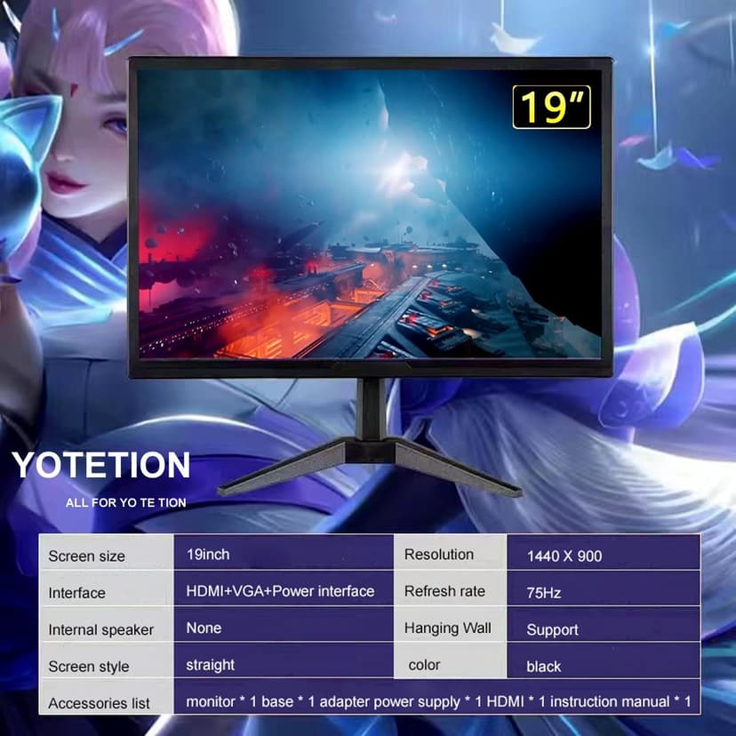 19-inch Full HD 75Hz Small Thin Monitor for laptops, Computers and desktops, HD+ 1440 x 900p, Anti-Glare, LED Display, VGA/HDMI Connection
