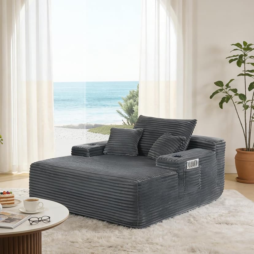 Kurhwyss Oversized Chaise Lounge Chair with Cup Holders and Pockets, Corduroy Single Sleeper Couch with 3 Pillows, Upholstered Boneless Sofa Comfy Reading Chair for Living Room Bedroom (Grey)