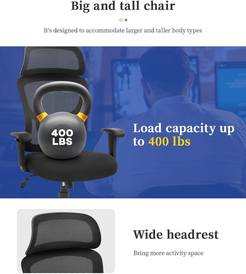 Big and Tall Office Chair Ergonomic Chair 400lbs Wide Seat Executive Desk Chair with Lumbar Support Adjustable Armrest Headrest High Back Mesh Computer Chair Rolling Swivel Task Chair(Black)
