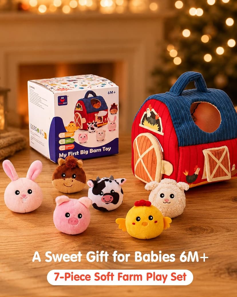 Baby Gifts Christmas Stocking Stuffers 6 Month Old Montessori Toys with Rattle, Crinkle, Texures, Mirror Infant Sensory Balls hahaland Baby Toys 6-12 Months - Surprise Barn Stuffed Farm Animals Plush B0CFX5H5MJ