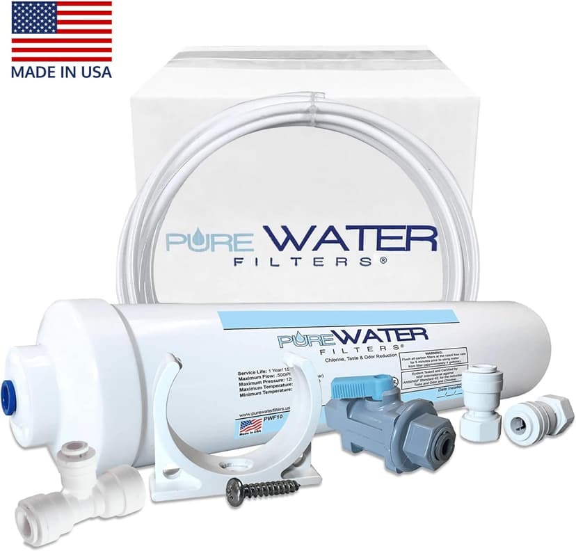 PureWater Filters Inline Water Filter Kit for Ice Maker with 1/4-Inch Direct Quick-Connect Fittings, Tubing and a T-Connector
