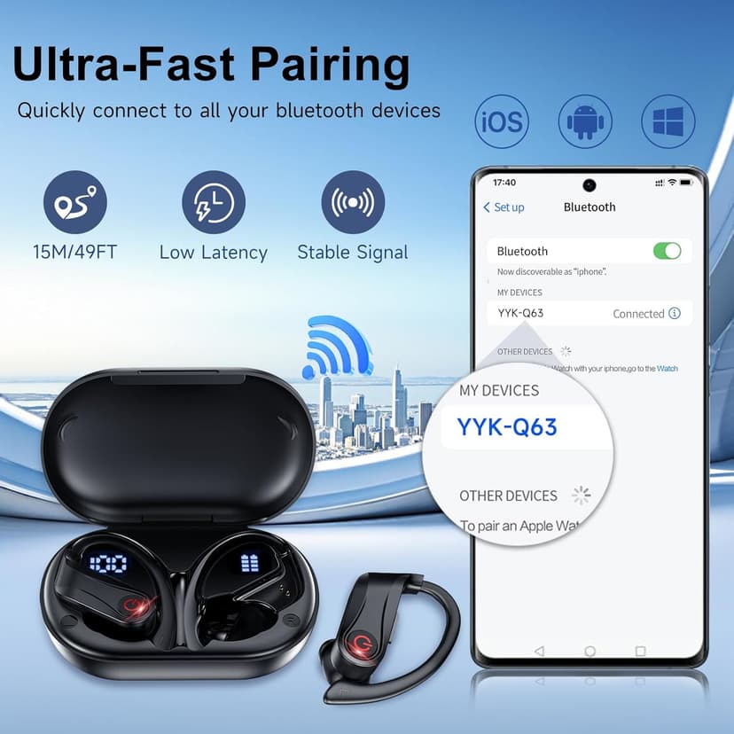 EUQQ True Wireless Earbuds, 2026 Sport Bluetooth 6.1 Headphones with Microphone 120H Playtime Dual LED Display Case, Noise Canceling Ear Buds with Easy Button Controls Sweat and Water Resistant Black