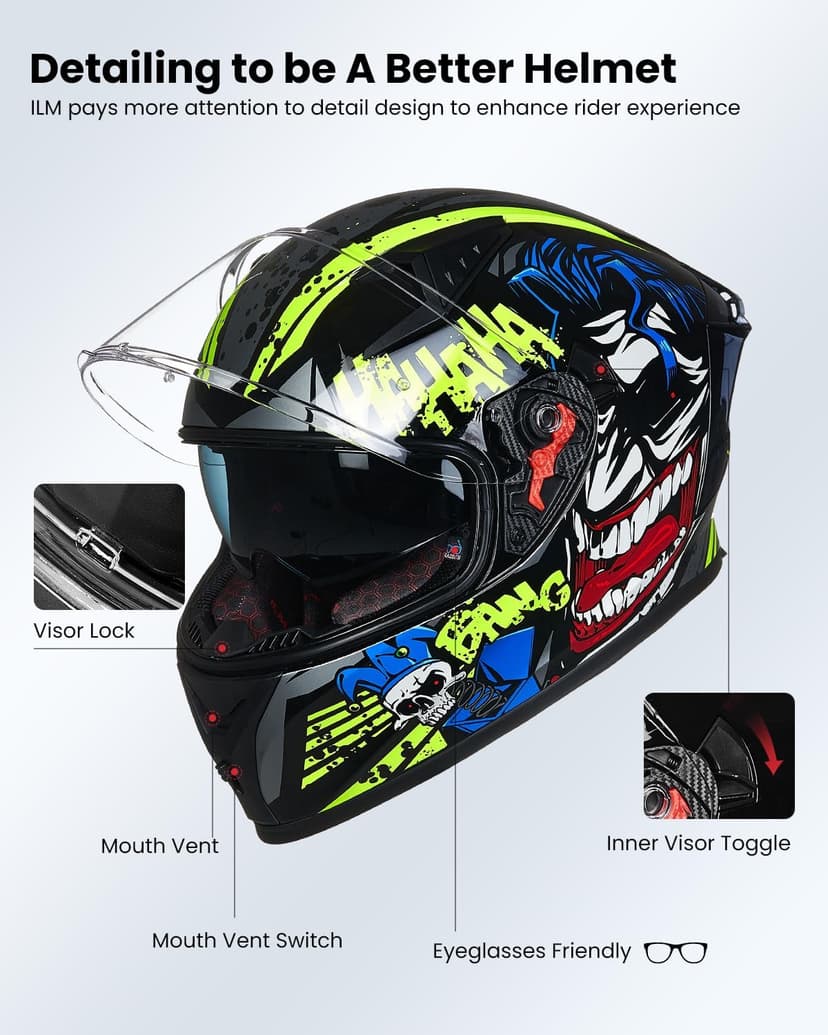 ILM Motorcycle Helmet Full Face with Pinlock Compatible Clear&Tinted Visors and Fins Street Bike Motocross Casco DOT Model Z501(Surprise Yellow, Large)
