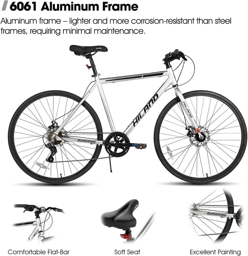 HILAND 700C Road Hybrid Bike, 7 speeds Bikes Urban City Commuter Bicycle with Disc Brake for Men Women Adult Comfortable Bicycle
