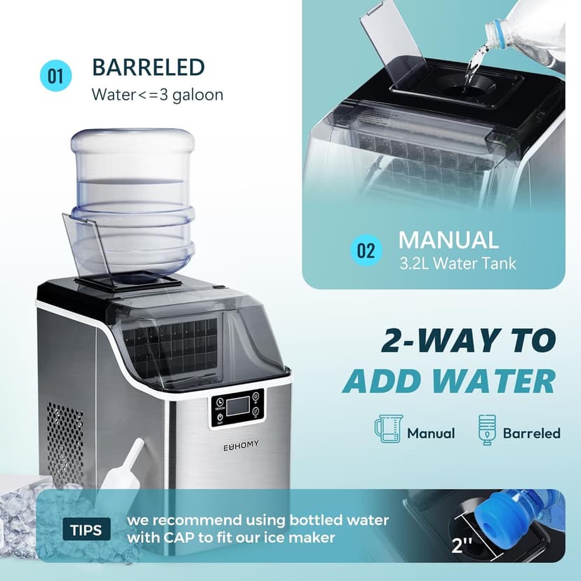 EUHOMY Ice Cube Maker Machine Countertop, 2 Ways to Add Water, 45Lbs/Day 24 Pcs Ready in 13 Mins, Auto-Cleaning Portable Compact, with Ice Scoop & Basket, Perfect for Home/Kitchen/Office/Bar (Silver)