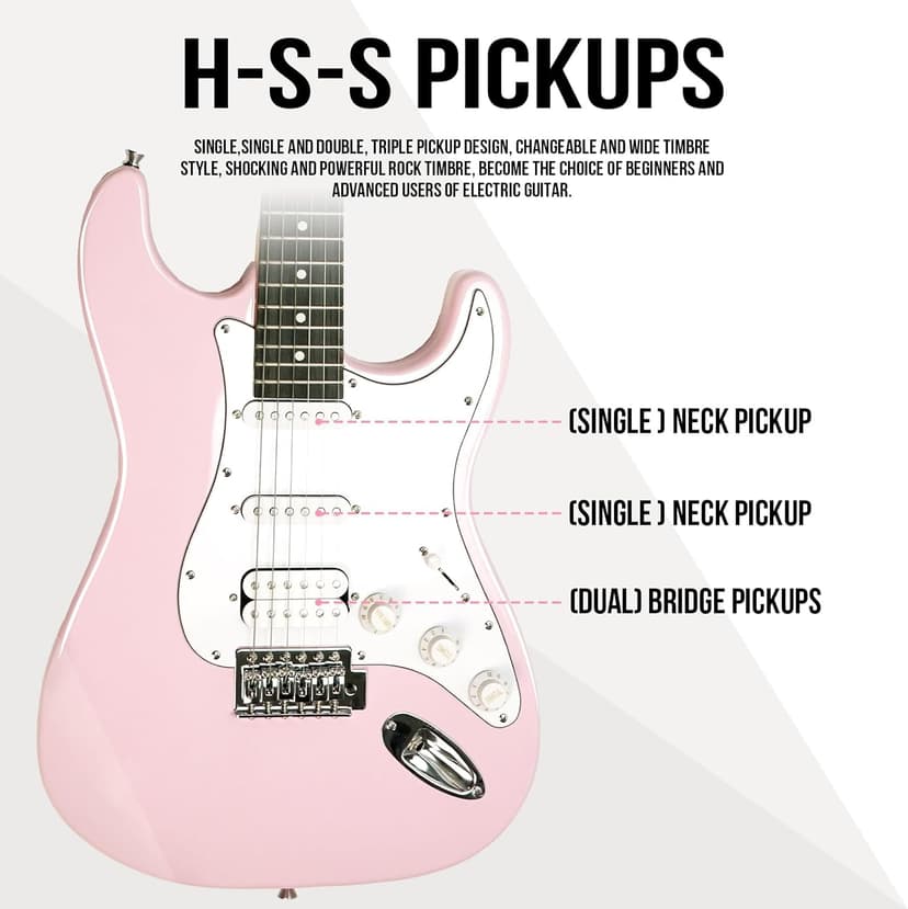 Soulmate 39 Inch Full Size Electric Guitar Starter Kit for Beginners Solid Body, HSS Pickups with 15W Amp, Gig Bag, Capo, Strap, Strings, Cable, Picks (Right-Handed,Pink)