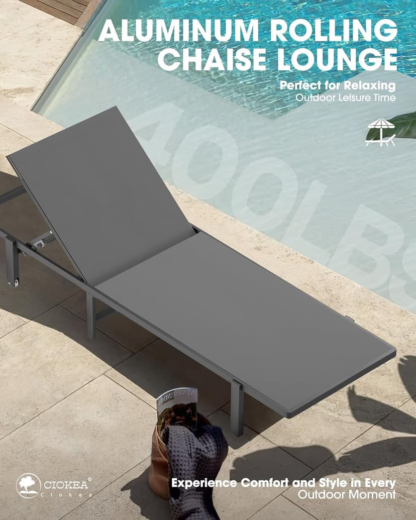 Ciokea Aluminum Chaise Lounge Chair Outdoor with Wheels, Patio Lounge Chair with Adjustable 5-Position Recliner and Full Flat Tanning Chair for Patio, Beach, Pool, Grey