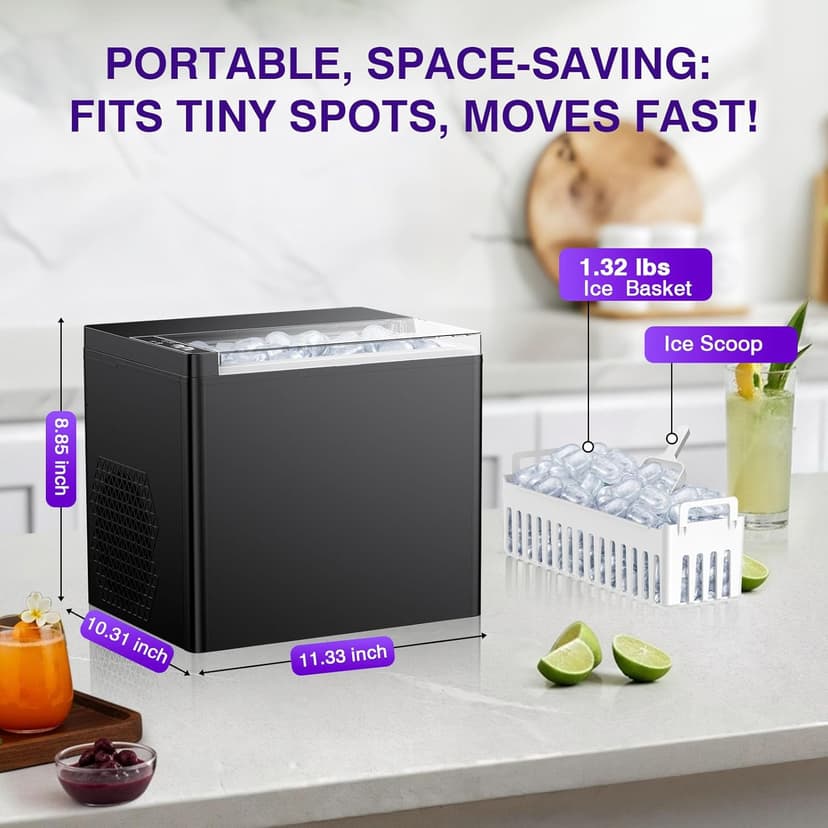 Ice Makers Countertop, 9 Ice Cubes in 6 Mins Portable Ice Maker, 2 Sizes of Bullet Ice (S/L) Small Ice Machine for Home Kitchen Camping (Onyx)