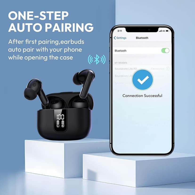 BAFONE Earbuds Wireless Bluetooth Ear Buds 60H Playback LED Power Display Headphone Wireless Bluetooth IPX5 Waterproof in-Ear Earbuds with Mic for Smart Phone Laptop Computer Sports (Black)