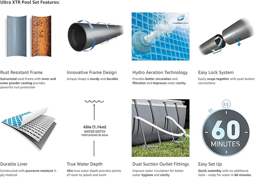 Intex 18' x 9' x 52" Ultra XTR Rectangular Frame Swimming Pool Set with Pump - Above Ground Backyard Large Rectangle Pool with 45-Inch Deep Water