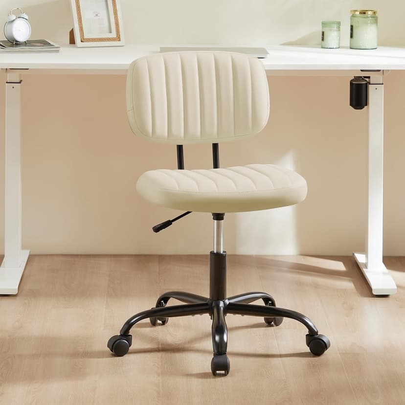Sweetcrispy Small Office Desk Chair - Armless PU Leather with Comfy Lumbar Support, Height Adjustable Rolling Swivel Task for No Arms, for Adult, Student, Bedroom, Home, Vanity, Beige White