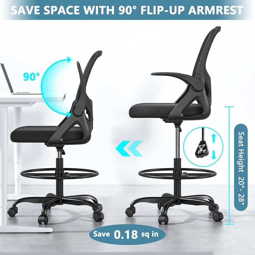 Kensaker Drafting Chair Tall Office Chair, Ergonomic Standing Desk Chair with Adjustable Foot Ring and Flip-up Armrests, Mesh Computer Chair for Art Studio, 300 LBS, Black