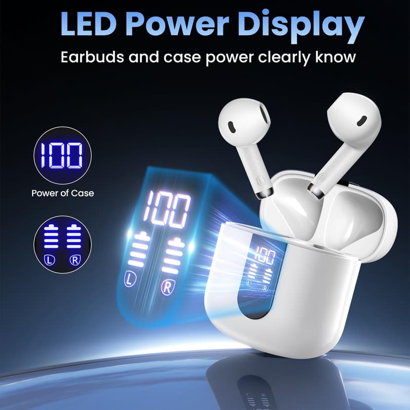 Haqquio Wireless Earbuds, Bluetooth Headphones with Deep Bass Stereo, 48H Playback Ear Buds with LED Power Display, Lightweight, IPX7, in-Ear Earphones with Mic for iPhone/Android/iPad, White