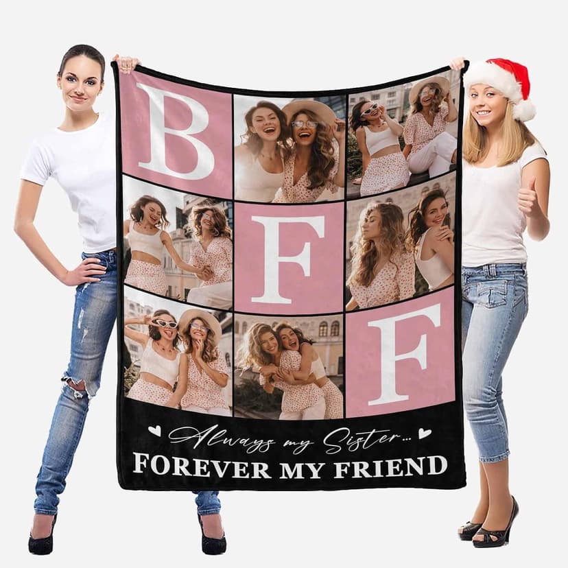 BFF Personalized Blanket with Photo and Pictures - Customized Gift for Best Friendship - Women Friends Personalized Gift, 8 Sizes B0CXXTGWKL
