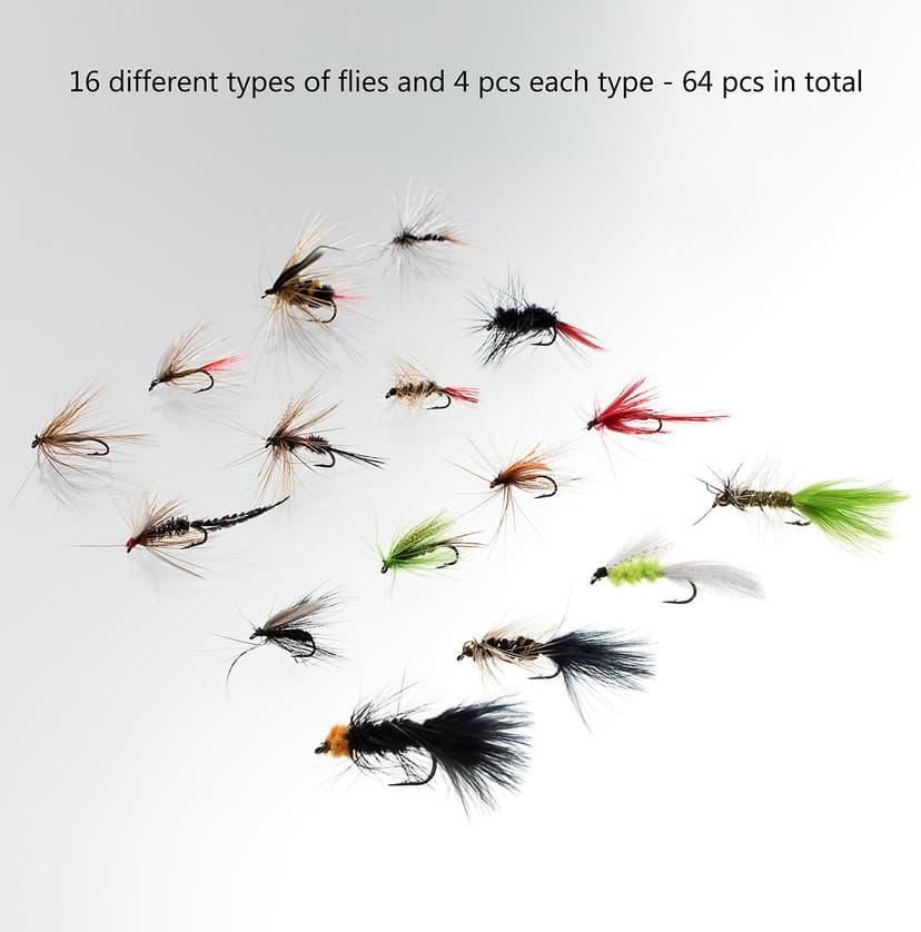 BASSDASH Fly Fishing Assorted Flies Kit, Pack of 64 pcs Including Dry and Wet Flies, Nymphs, Streamers, Terrestrials, Leeches and More, with Magnetic Fly Box