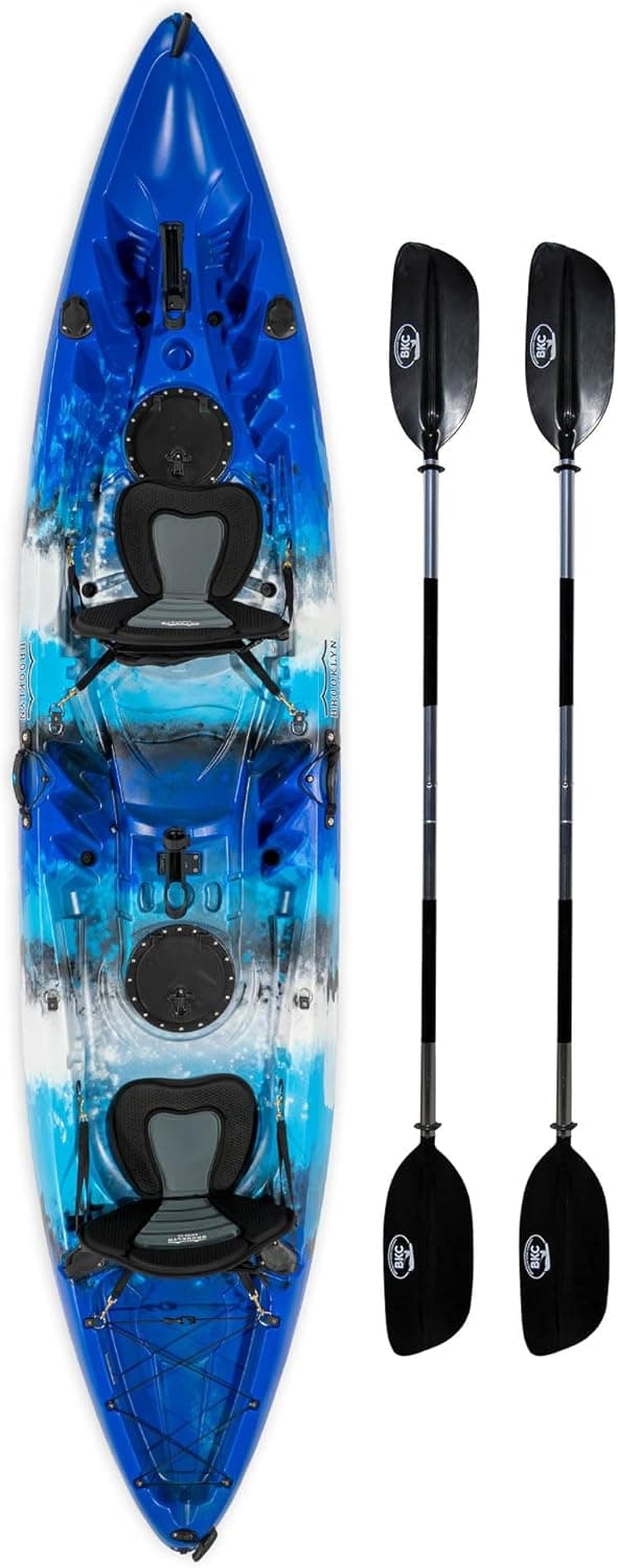 Brooklyn 12.5 Tandem Sit-On-Top Fishing Kayak by BKC, 2–3 Person Kayak with Padded Seats, Paddles, 6 Rod Holders, 600 lb Capacity, Motor-Ready