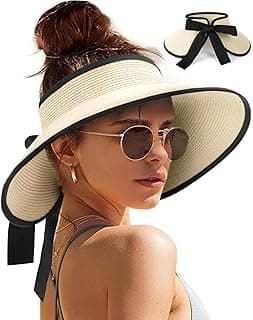Camptrace Sun Visors for Women Wide Brim Beach Hat Foldable Straw Visor Hat Ponytail Summer Packable UPF 50+