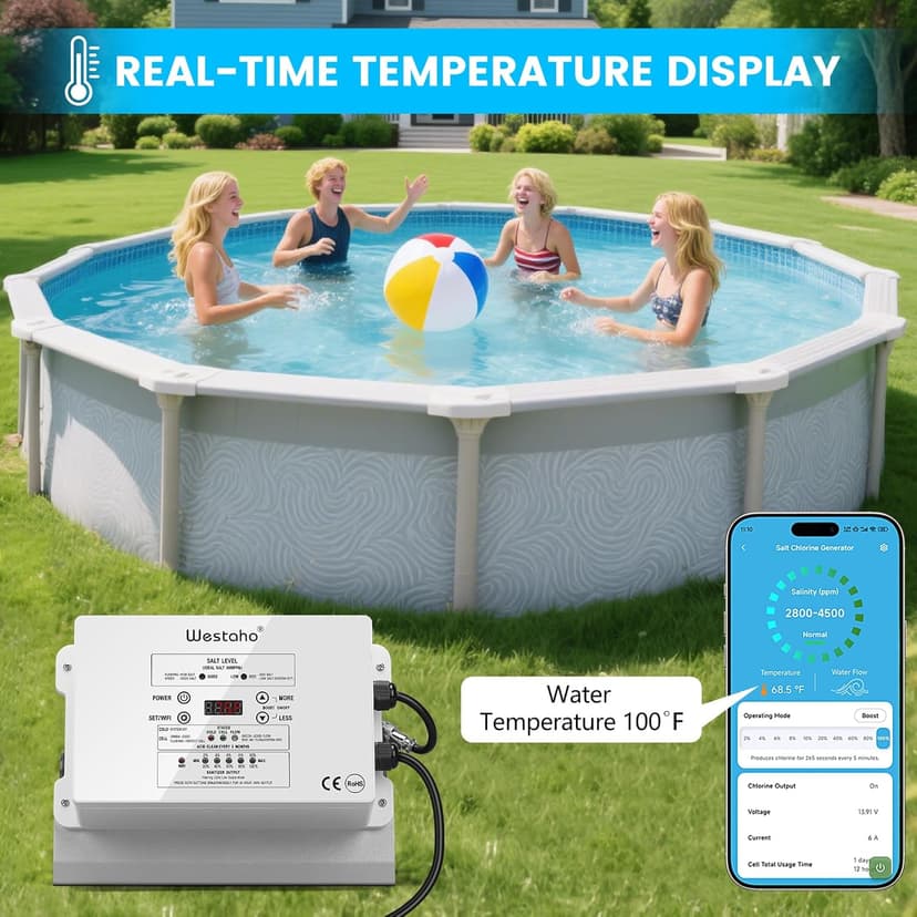 WiFi Salt Chlorine Generator, Westaho Salt Chlorination System with USA Titanium Cell, Real-Time Monitoring & App Control, for Above Ground Pools Up to 15,000 Gallons, Compatible with Intex Pool