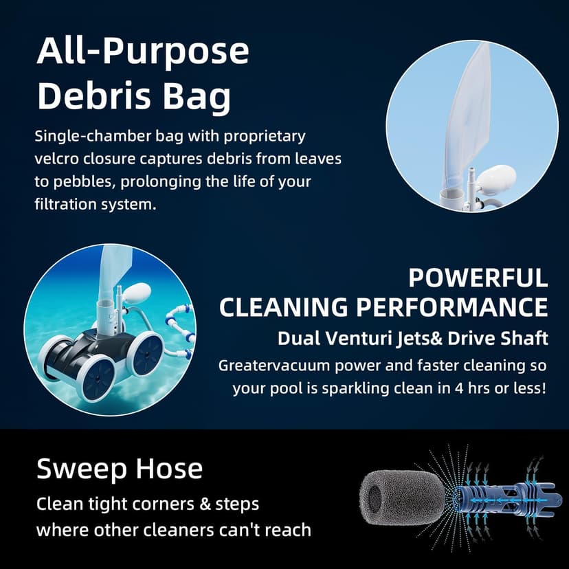 MAKHOON Upgrade Pool Pressure Side Sweeper – Professional Pool Cleaner for Efficient Swimming Pool Cleaning, Stable 4-Wheel Structure Design