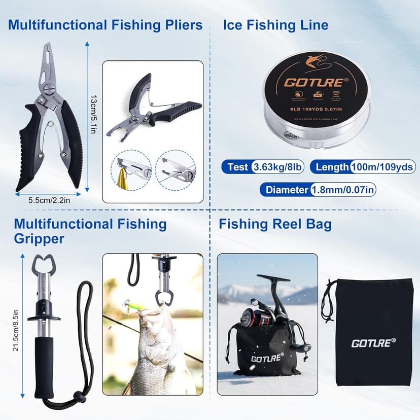 Goture Ice Fishing Rod and Reel Combo with Carry Bag, 24''Medium Spinning Ice Fishing Pole, 58Pcs Jigs & Lures with Storage Box, Line,Fish Gripper, Pliers and Tools for Trout Bass Walleye