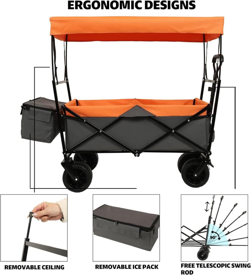 480Lbs Collapsible Wagon with Canopy Steel Orange Large Capacity Mosquito Net Camping Shopping Sports Garden Outdoor-Ready