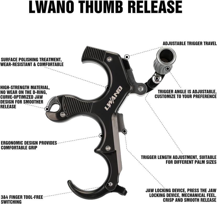 LWANO Thumb Bow Release - 3&4 Finger Adjustable Archery Compound Bow Release Aid, with Trigger Travel and Pressure Adjustable