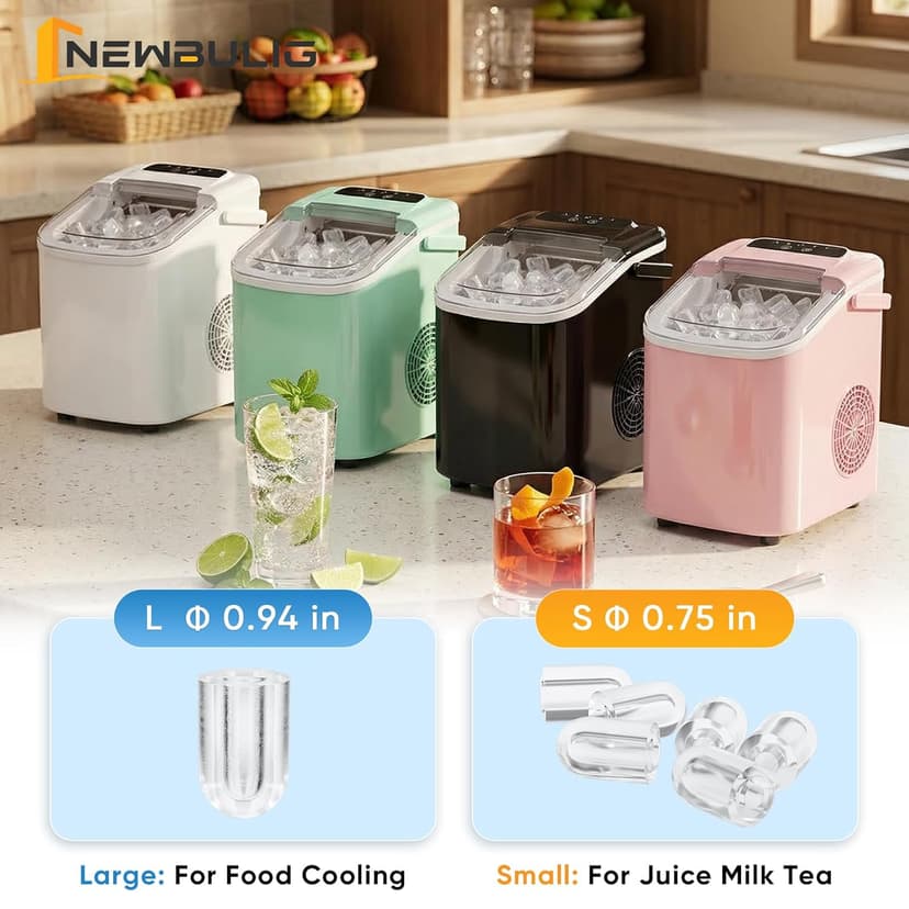 NEWBULIG Ice Maker, Countertop Ice Machine with Handle, 9 Bullet Cubes in 6~8 Mins, 26lbs Daily, Self-Cleaning with Basket and Scoop for Home/Kitchen/Camping/RV
