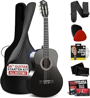 Pyle Beginner Acoustic Guitar Kit, 3/4 Junior Size All Wood Instrument with Full Accessory Kit, Picks, Shoulder Strap, Carry Case, Cleaning Cloth, Tuner App, 2 Month Lessons, 36” (Black Gloss)