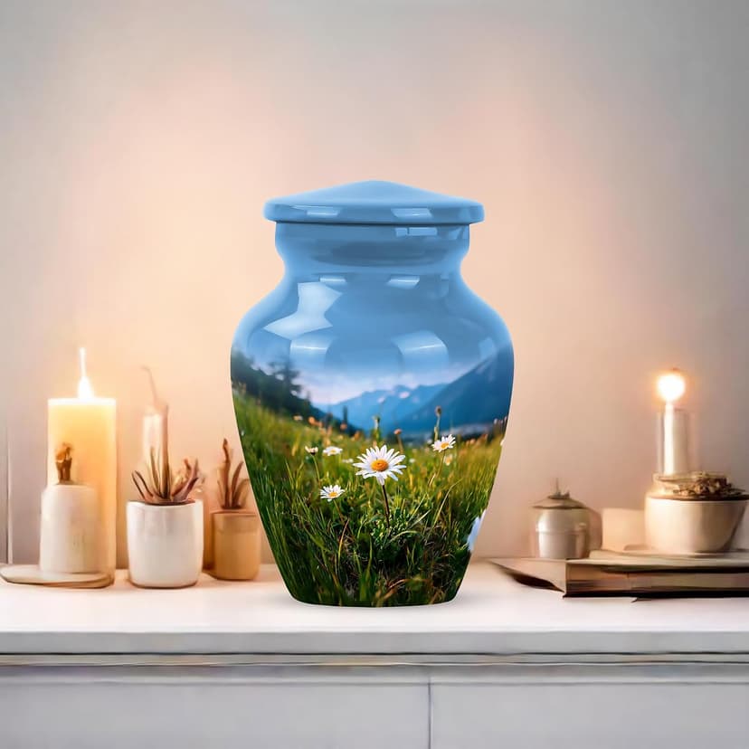 Blue Small Funeral Urn for Ashes for Women and Men Remains - Decorative Travel Urn for Mother and Father Cremation 3 Inch Daisy Burial Urns for Adult Human Ashes B0FJY7YYJ6