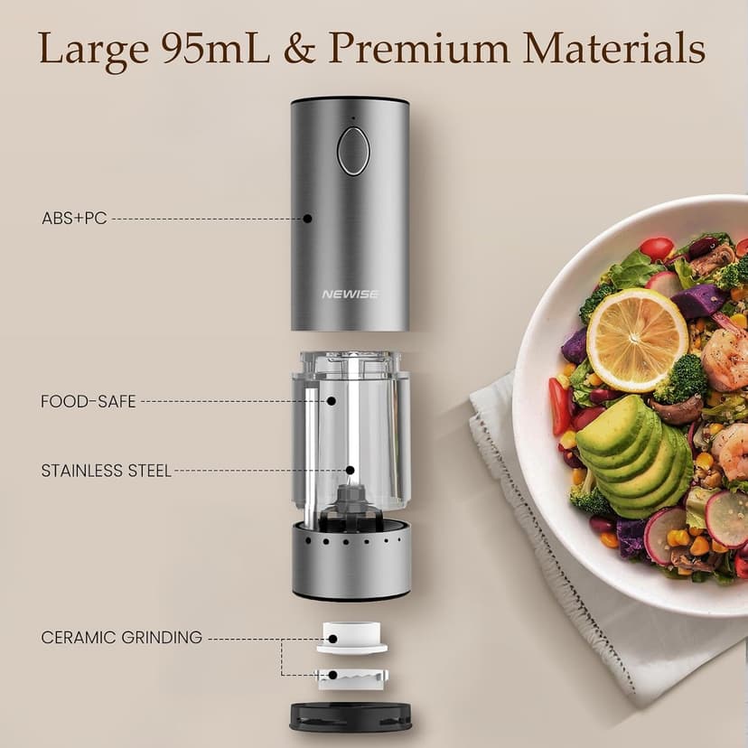 Salt and Pepper Shakers with Adjustable Coarseness, LED Lights, Large Capacity, Kitchen Appliances Gifts for Women Newise Electric Salt and Pepper Grinder Set, Rechargeable, Stainless Steel B0CZCNDWYB