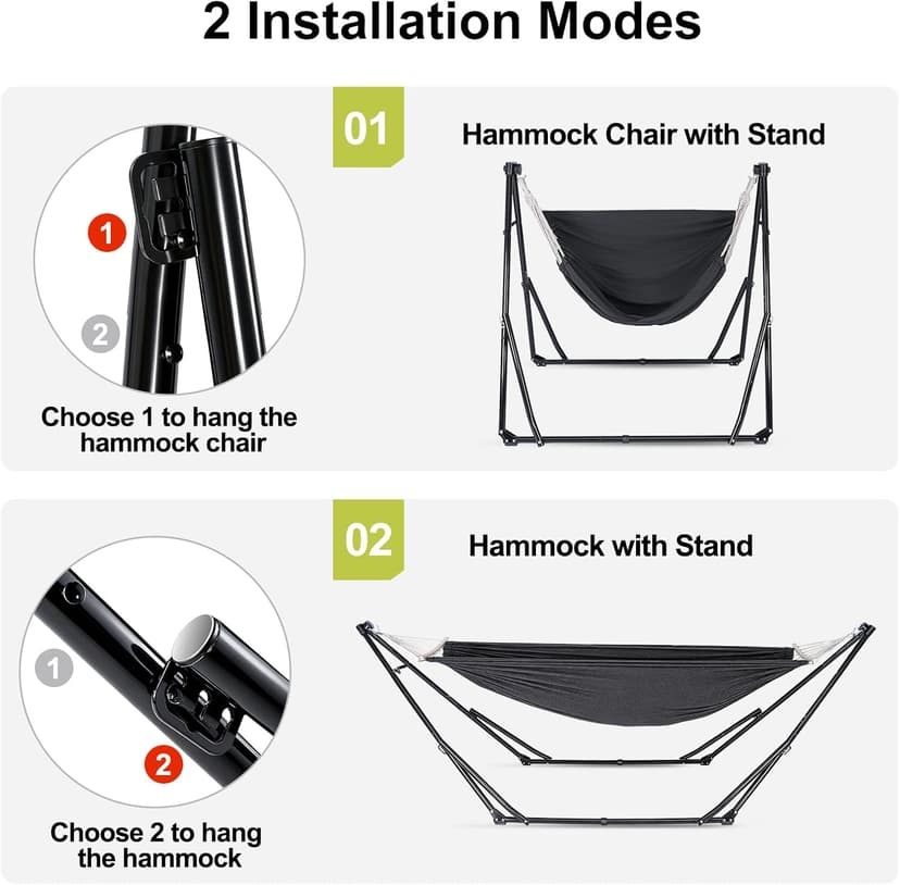 2-in-1 Hammock & Swing Chair for Teens – Adjustable Folding Chair with Collapsible Steel Stand, Portable for Camping, Travel, Patio & Indoor Use, Includes Carrying Case, Supports 440 LBS