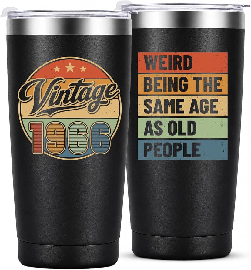 Vintage 1966 20 oz insulated tumbler for a 60th birthday; 18/8 stainless steel, leak-resistant lid, 6h hot/12h cold. 60th Birthday Gifts for Men 20oz Vintage 1966 Tumbler B0HDN44TTW