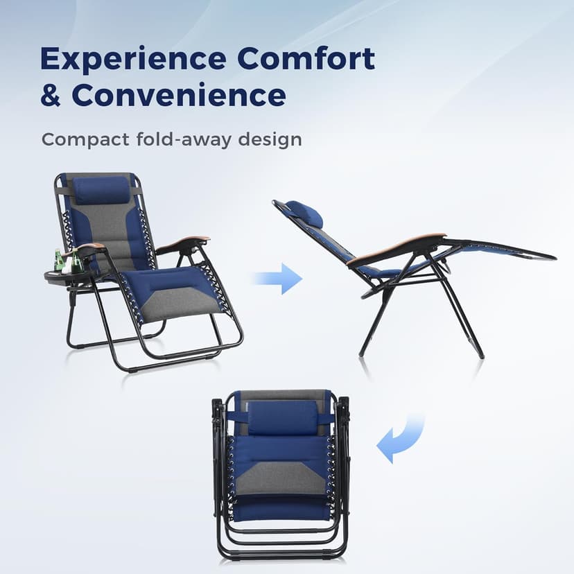 MAISON ARTS Oversized XXL Padded Zero Gravity Chair, 30" Wide Seat Foldable Patio Recliner, Anti Gravity Outdoor Lawn Chair with Cup Holder & Pillow, Supports 400lbs, Blue & Grey