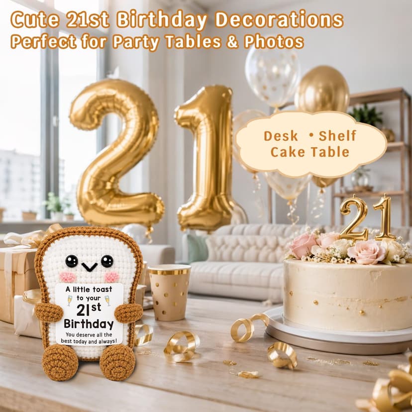Mini Happy 21st Bday Party Gift for Girls Daughter Bestie Sister Friend Woman, Handmade Crochet Present for Celebration 21st Birthday Toast Gifts Decorations for Him Her, 21 Years Old Gift Ideas B0GX1XVW5S