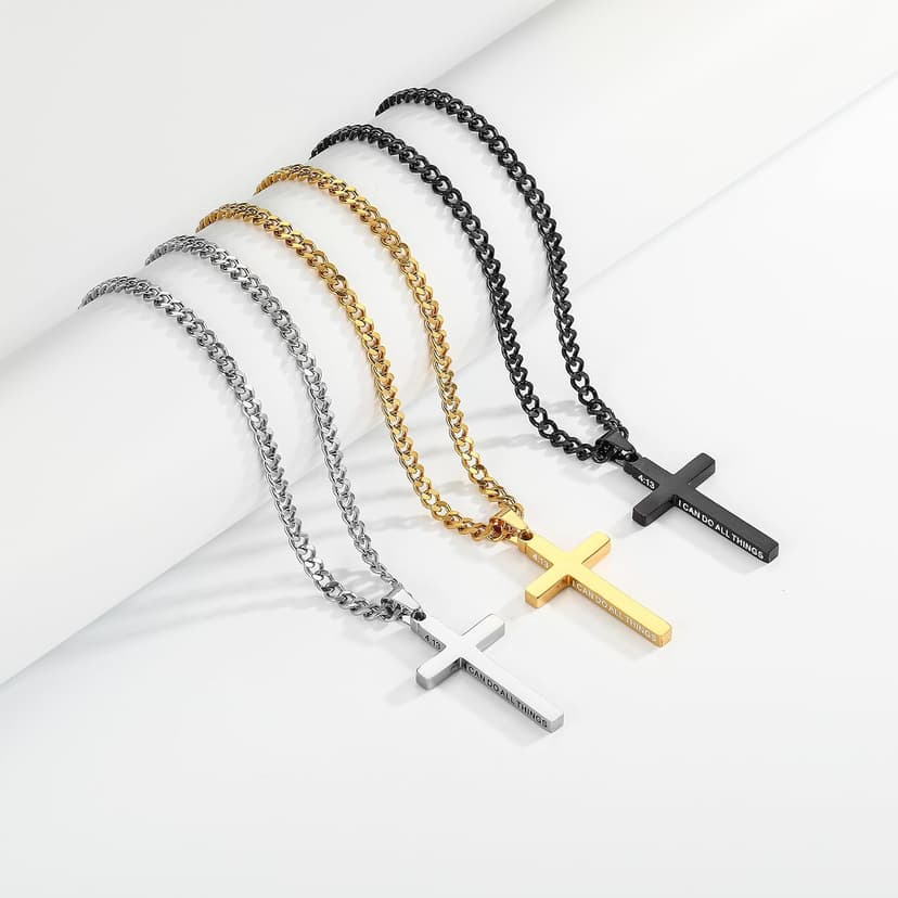Gnamy Cross Necklace for Men Boys Stainless Steel Bible Verse Cross Pendant with Cuban Link Chain (22+2 Inches) | Christian Religious Jewelry Gifts B0FQHXFGM5