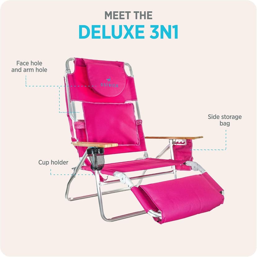 Ostrich the Deluxe 3N1 Lightweight Lawn Beach Reclining Lounge Chair with Footrest, Outdoor Furniture for Patio, Balcony, Backyard, or Porch, Pink