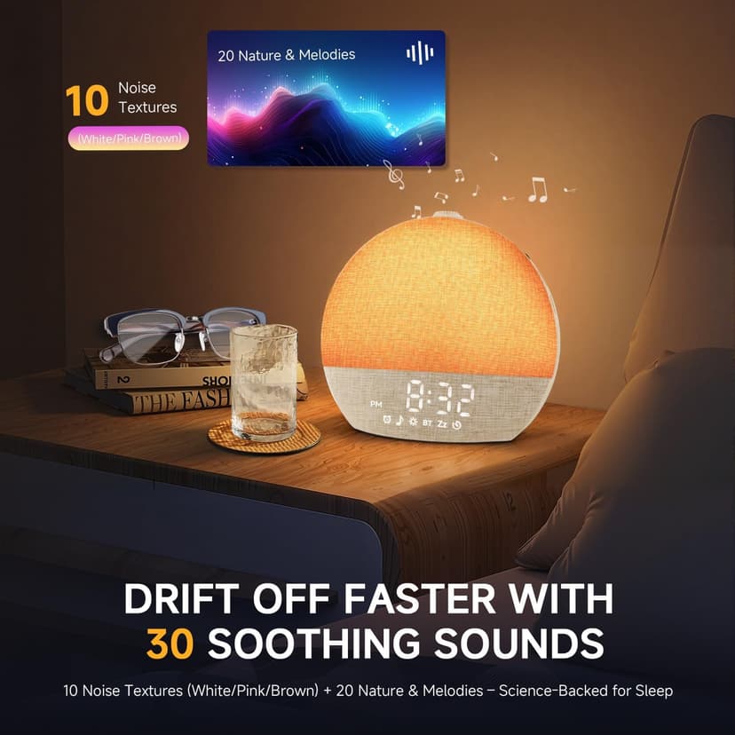 Geuuap Sunrise Alarm Clock White Noise Sound Machine for Bedroom | Natural Wake-Up Light with 30 Soothing Sleep Aids, Bluetooth Speaker, Dimmable Clock, Screen-Free Design for Baby Adults Kids-Khaki