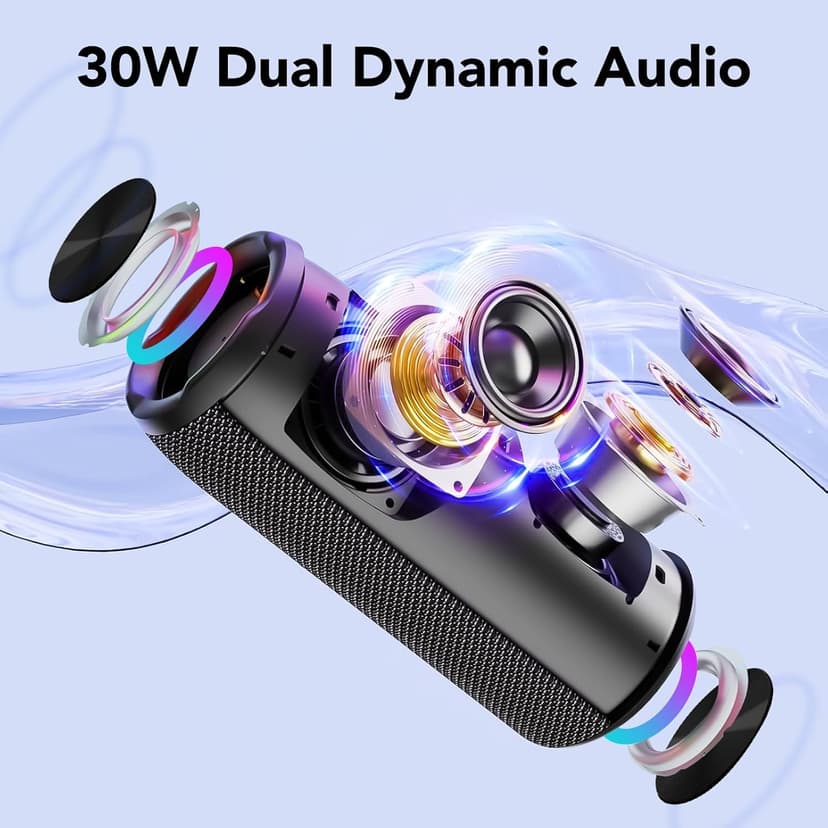 Portable Bluetooth Speaker, Bluetooth 5.4 Speaker, 30W Dual Speaker, 2.0 Channel, Deep Bass, 30H Playtime, Colorful RGB Lights, IPX7 Waterproof, TWS pairing for Outdoor/Home/Party/Travel, Gift Ideas
