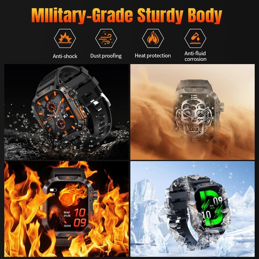 Military Smartwatch for Men, LED Flashlight Bluetooth Call IP68 Waterproof Heart Rate Blood Oxygen Sleep Tracker Fitness Pedometer Android iOS Compatible - Ideal for Hunting Hiking Extreme Sports