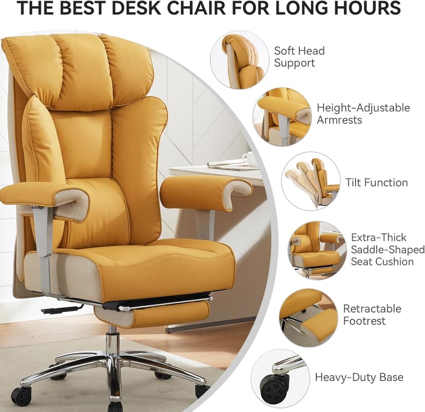 Efomao Big and Tall Green Office Chair 450LBS – Ergonomic High-Back Executive Chair with Footrest, Adjustable Padded Armrests, PU Leather Computer Chair with Lumbar Support for Home or Office, Yellow