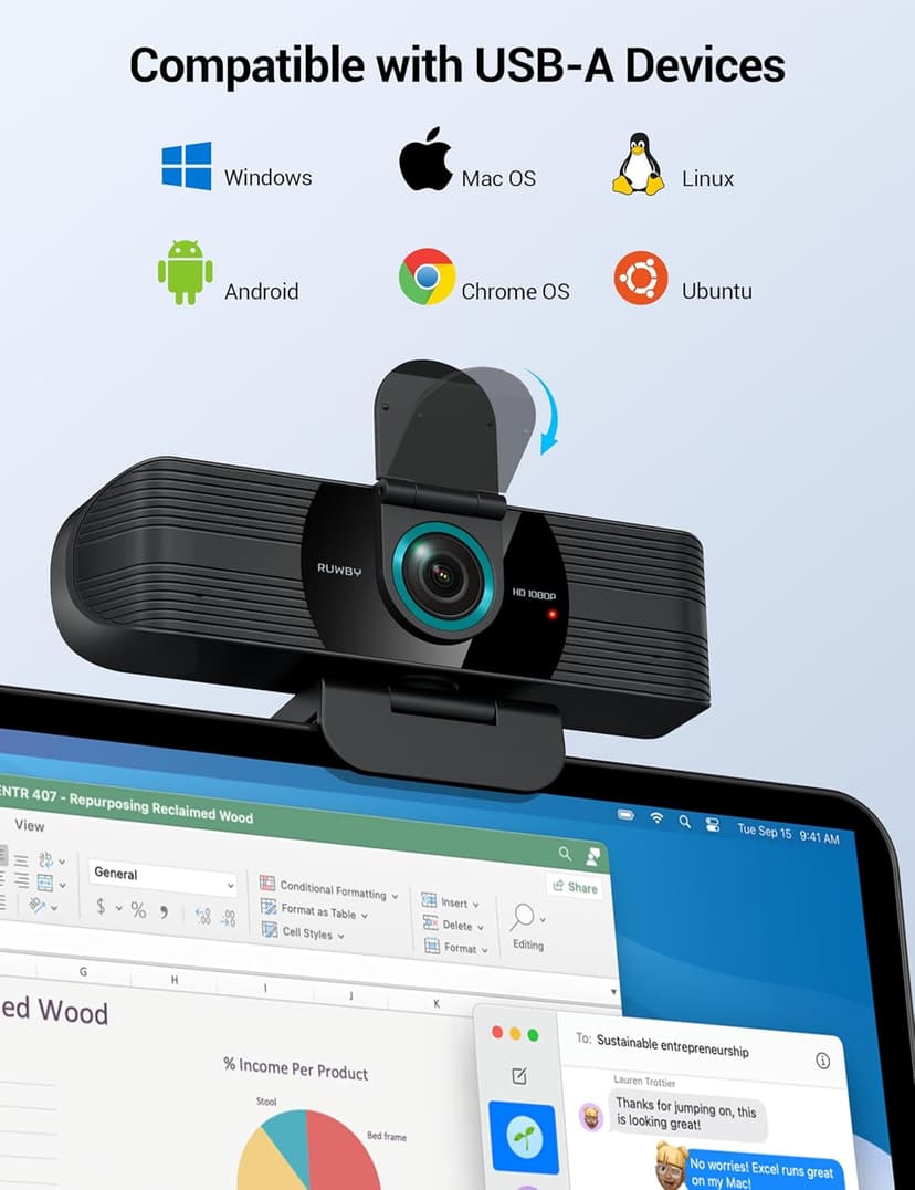 RUWBY Full HD 1080P Webcam with Built-in Dual Mics, Wide-Angle Lens, Privacy Cover, Tripod Stand, Autofocus Computer Camera, Plug and Play for Desktop PC or Laptop