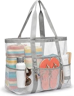 F-color Mesh Beach Bag Family - Large Tote Bag 9 Pockets for Swim Pool Toys Cruise Beach Vacation Essentials