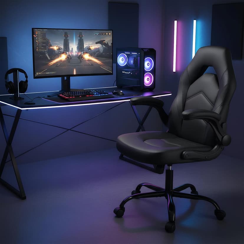 Sweetcrispy Computer Gaming Desk Chair - Big Tall Ergonomic Lumbar Support with Flip-up Armrest and 360° Swivel Wheels, PU Leather Height Adjustable, for Home and Office, Black
