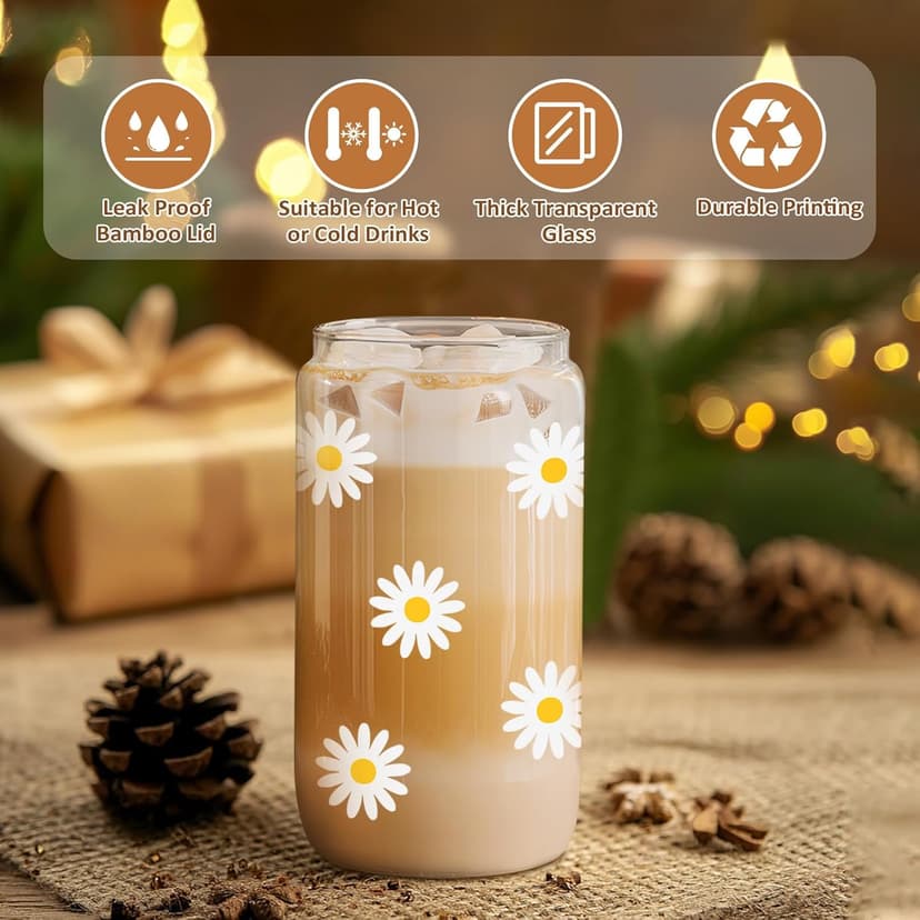 GSPY Daisy Aesthetic Gifts, Iced Coffee Cup, Cute Glass Cups with Lids and Straws - Cute Mugs, Flower Mug, Glass Tumbler - Retro, Christmas, Birthday Gifts for Women, Coffee Lovers, Friend, Girls, Mom
