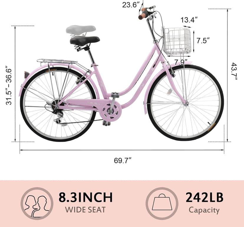 26" Beach Cruiser Bike, Commuter Bicycle, 7 Speed/Linear Pull Brakes/Widen Seat Men & Women Bike, Adult and Teens Bicycle for Urban Commuter