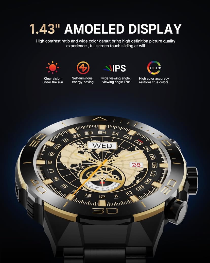 SOUYIE Smart Watch for Men Answer/Make Call for Android iPhone, 1.43" AMOLED HD Screen Mens Luxury Watch, 400mAh Heavy Duty Smartwatch Heart Rate Blood Oxygen Blood Pressure Sleep Monitor Pedometer, 2 Straps