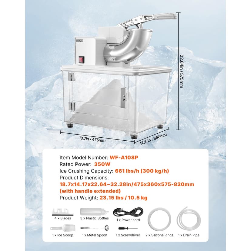 VEVOR 110V Commercial Ice Crusher 661LBS/H, ETL Approved 300W Electric Snow Cone Machine with Dual Blades, Stainless Steel Shaved Ice Machine with Safety On/Off Switch for Family, Restaurants, Bars