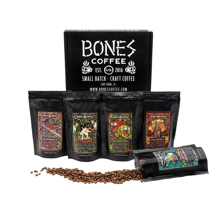 Bones Coffee Company NEW World Tour Sample Pack, Single-Origin Flavored Coffee Low Acid Medium Roast Arabica Beans Specialty Coffee Gifts Compatible Auto Drip and French Press, 4 oz Pack of 5 Ground B0BBY6V5T3